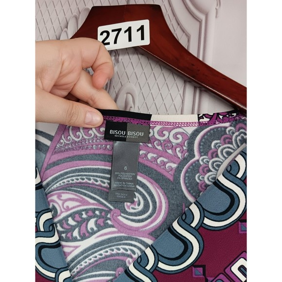 Bisou Bisou Dress Women's SZ 6 Stretch V-Neck High Waist Puff Sleeves Paisley EC - Picture 4 of 16